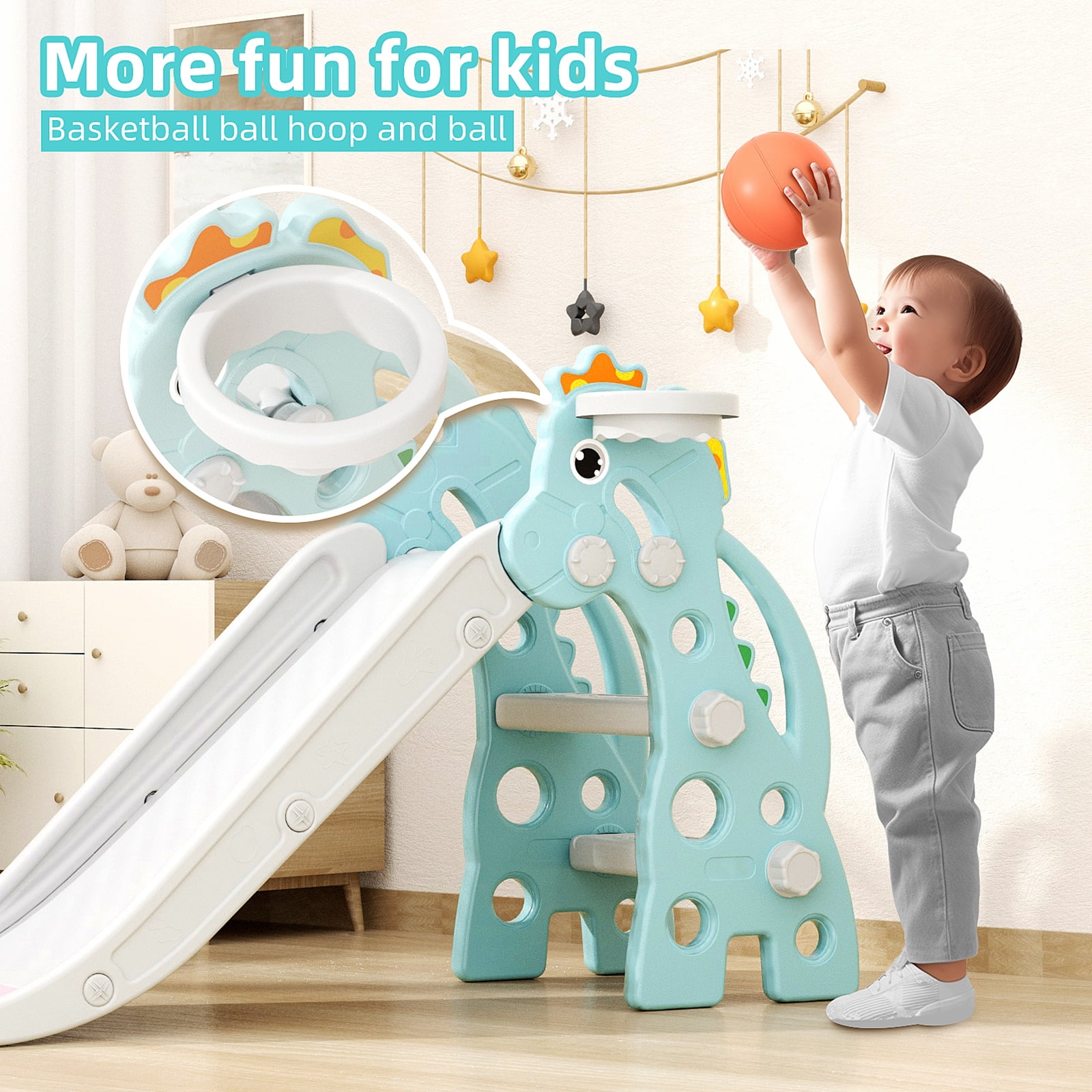 KORIMEFA Toddler Slide Indoor for Toddlers 1-3 Baby Slide Outdoor Playset with Basketball Hoop and Ball Plastic Foldable Slides for Kids Backyard Climber Set,Green