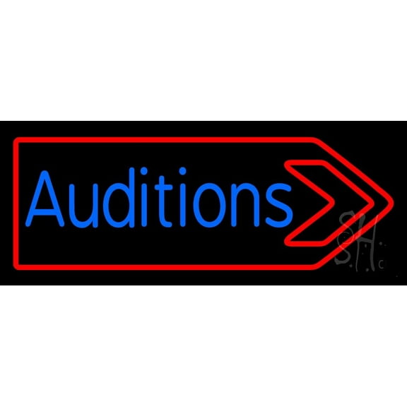 Blue Auditions With Arrow LED Neon Sign 10" Tall x 24" Wide - inches Black Square Cut Acrylic Backing, with Dimmer - Premium built indoor Sign for Theater, Events.