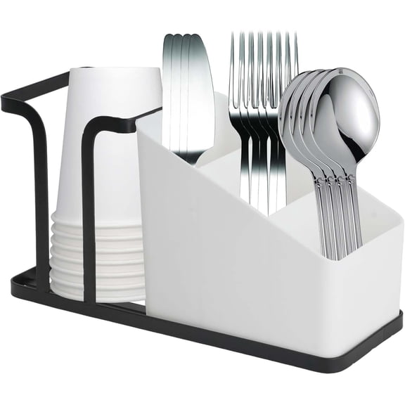 CEYAZYE Removable Silverware Organizer, 4 Compartment Utensil Holder for Kitchen Counter & Party, White Plastic Cutlery Caddy Bin with Metal Rack, Flatware Organizer for Forks Spoons Knives and Cups