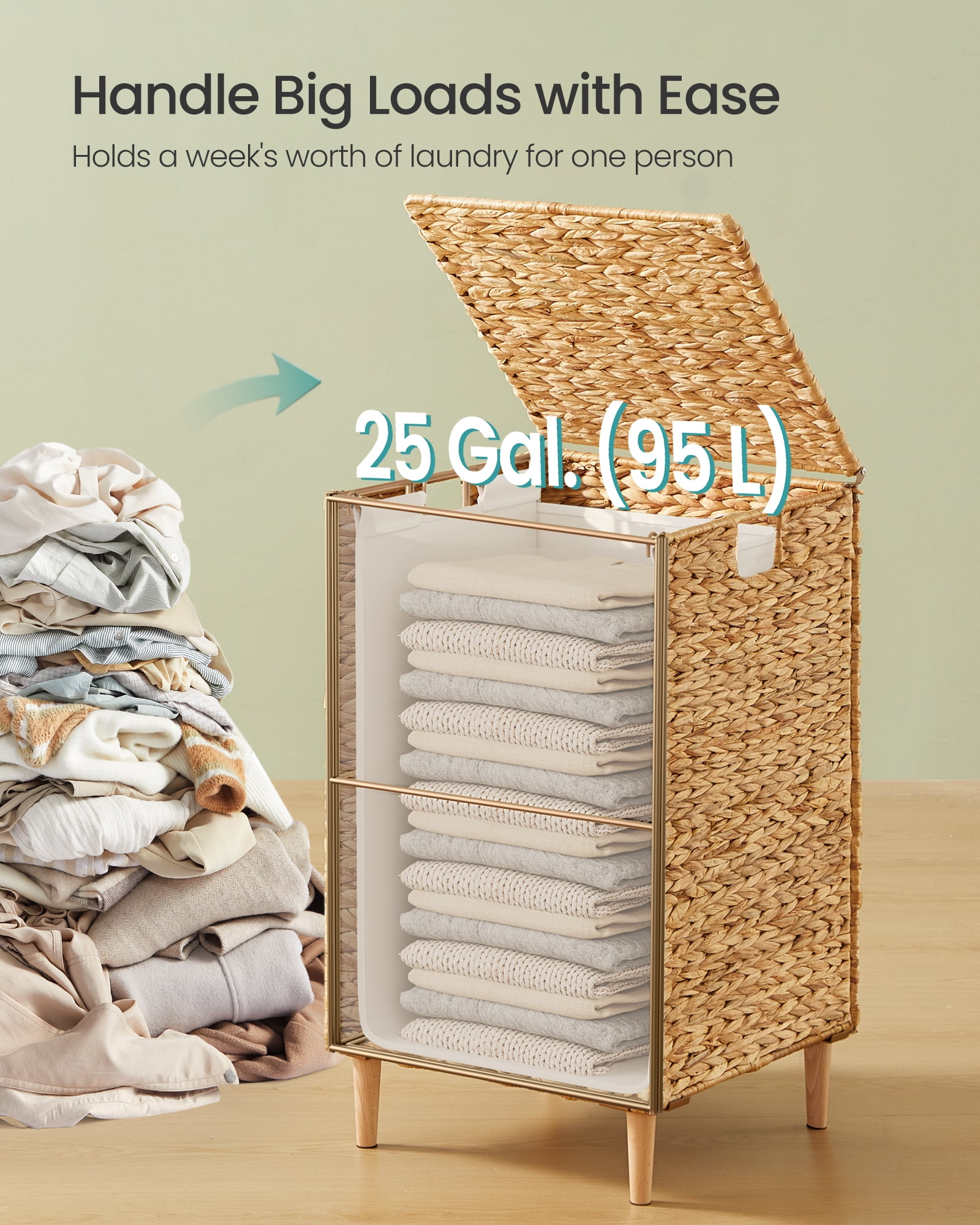 25-Gallon Handwoven Laundry Hamper with Lid and Washable Liner, Natural Water Hyacinth Basket with Wooden Feet, Steel Frame
