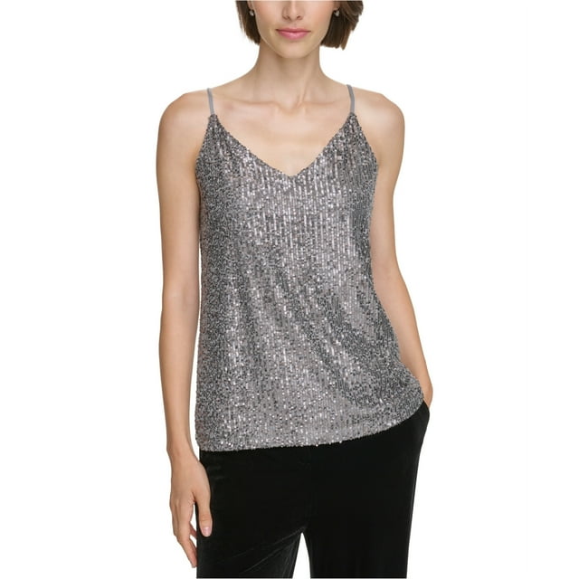 Calvin Klein Womens Sequin Camisole Cami Tank Top, silver, Petite, PL