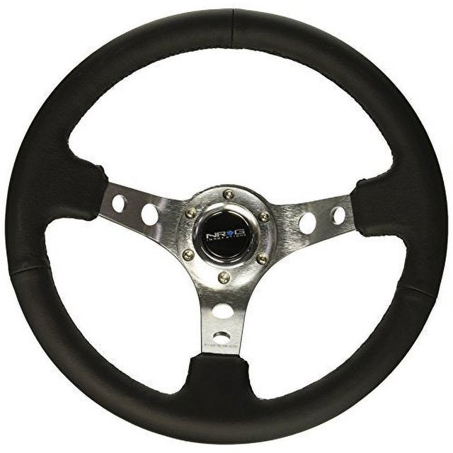 NRG Innovations RST-006SL Volant Renforcé (Volant Sport de 350 mm (3 Pouces de Profondeur) - Rayons Argentés avec Trous Ronds/cuir Noir)