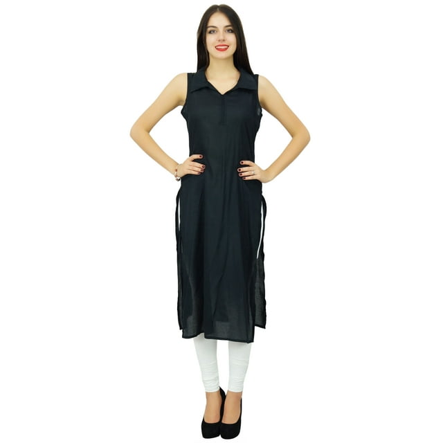 Bimba Femme Tunique Longue Décontractée Col à Revers Kurta Noire Kurti Noire Unie
