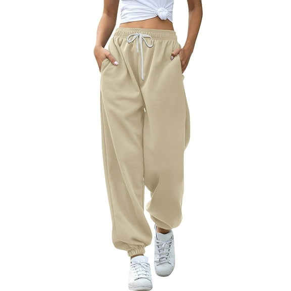 Clearance! Delayuji Womens Sweatpants Bottom Sweatpants Joggers Pants Workout High Waisted Yoga Pants with Pockets Fleece Lined Pants Women Beige L