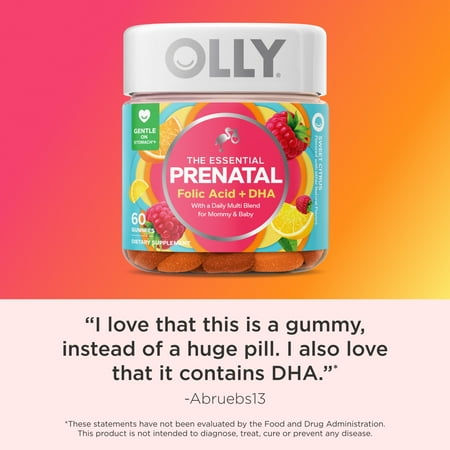 OLLY Prenatal Multivitamin Gummy for Women, Folic Acid, Vitamin D, Omega 3 DHA, 60 Ct