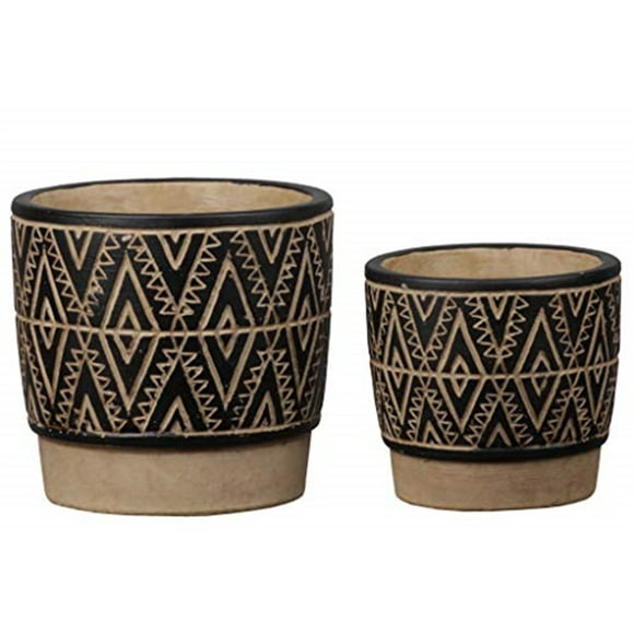 Urban Trends Collection  Ceramic Round Pot with Engraved Tribal Design Body & Banded Tan Base, Painted Charcoal - Set of 2