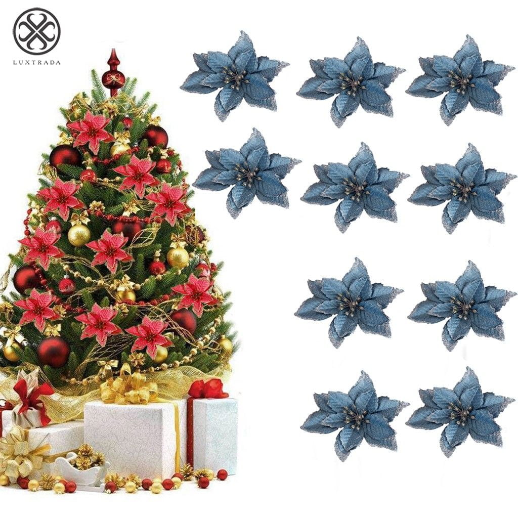 12PCS Glitter Artificial Poinsettia Flowers Christmas Tree Ornaments Home Decor
