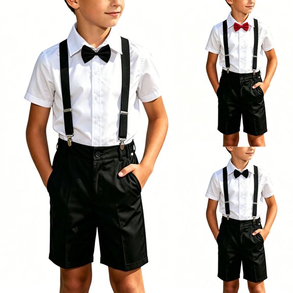 Boys formal Outfit 4pcs Sets Short Sleeve Dress Shirt Adjustable Suspender Shorts Bow Tie for 2-14 Years Black-B