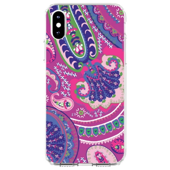 DistinctInk Clear Shockproof Hybrid Case for iPhone X / XS (5.8" Screen) - TPU Bumper, Acrylic Back, Tempered Glass Screen Protector - Pink Purple Green Paisley