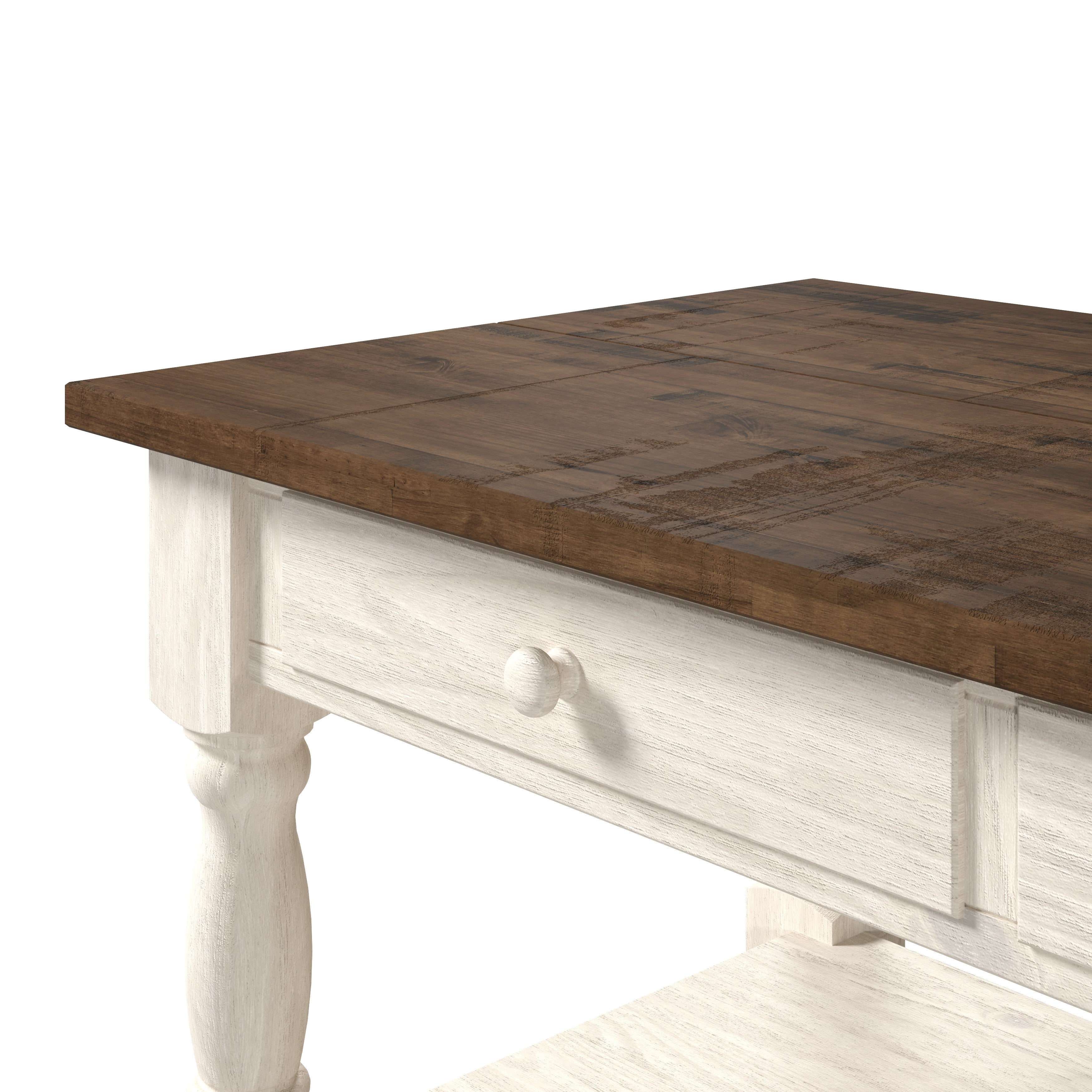 OSHOME 52" Farmhouse Kitchen Island with Drawers and Shelves – Solid Wood Kitchen Prep Table, Harvest White with Distressed Brown Top
