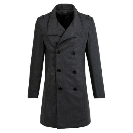Unique Bargains Slant Pockets Double Breasted Front Long Peacoat (Men's)