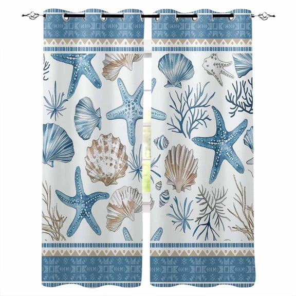 Fsddascl Blue Coastal Nautical Blackout Curtains for Bedroom/Living Room, Thermal Insulated Kitchen Curtains, Summer Beach Starfish Shell Coral Grommet Darkening Window Treatment Drapes 52"x84"x2