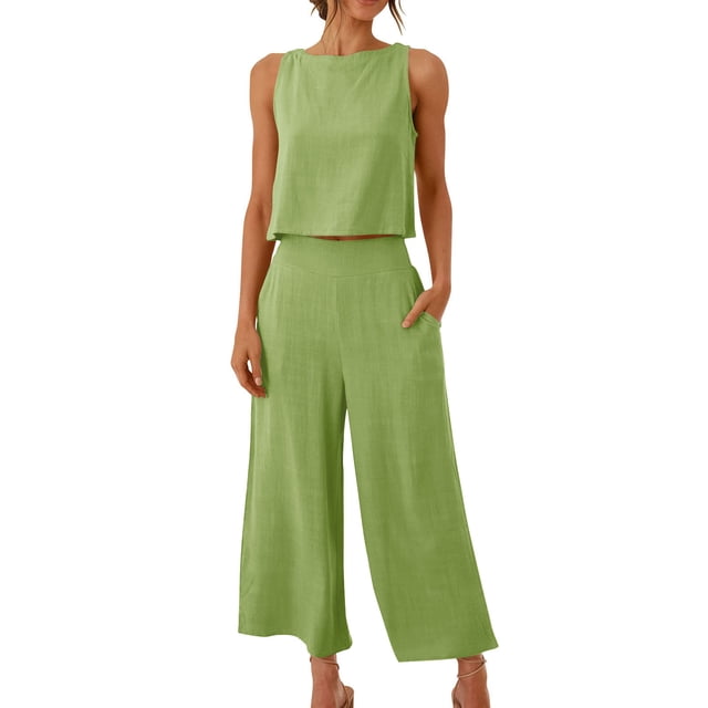 Womens Pajama Sets Cotton Linen Lounge Set 2 Piece Cropped Tank Tops and Wide Leg Pants Loungewear Summer Set
