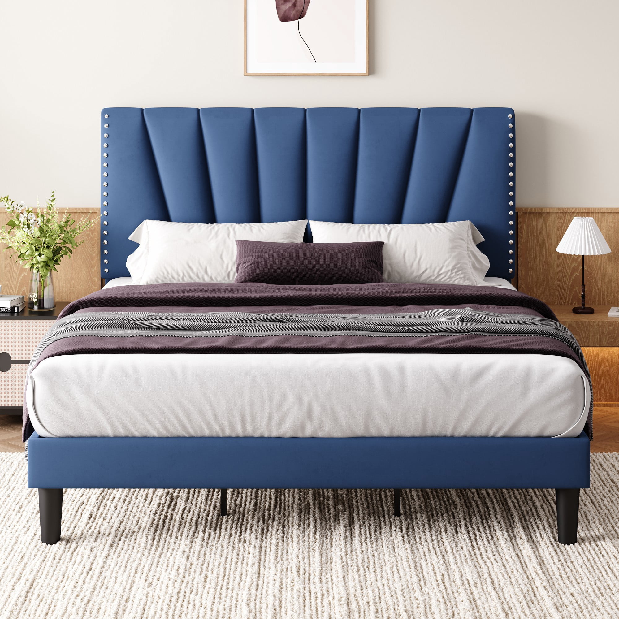 Einfach King Size Premium Velvet Upholstered Platform Bed Frame with Adjustable Headboard,Under-Bed Storage,Heavy-Duty Metal Support, Noise-Free Slats, Blue