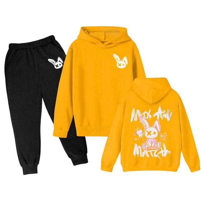 TBWNWG Girls Outfits Set - Children's Long Sleeve Cartoon Rabbit Print Hoodie with Matching Pants for Everyday Comfort and Style,Sizes 9-10 Years