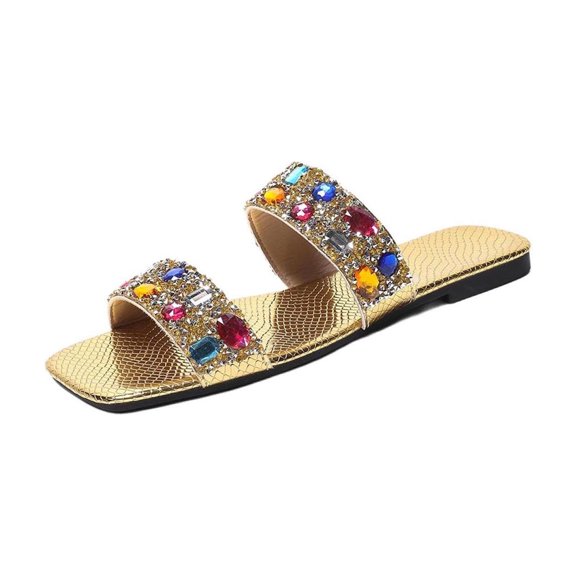 Gpaecead Women's Colorful Rhinestone Flat Sandals Square Open Toe Double Strap Sparkly Slides For Summer Beach, Gold