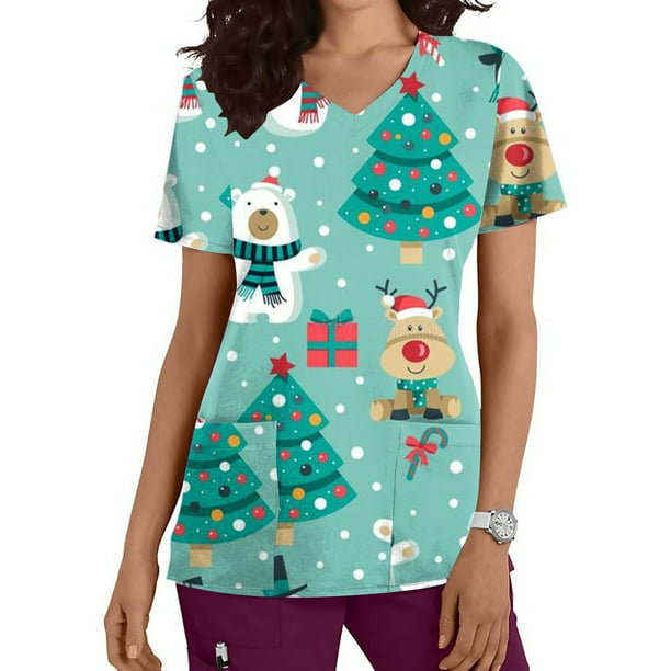 Pntutb Moda para mujer Camisetas de manga corta con cuello en V Uniforme de trabajo Estampado de Navidad con tops de blusa de bolsillo Pntutb Pntutb-5685