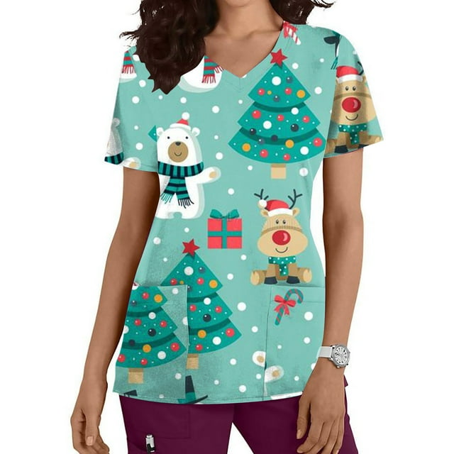 LSLJS Hauts pour Femmes à la Mode à Manches Courtes à Col en V Uniforme de Travail de Noël Imprimé avec Poche Blouse Hauts, Hauts de Sarrau de Noël