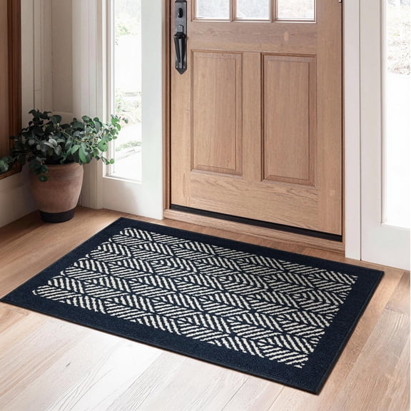 Mainstays LAWSON Modern Contemporary Tufted Ivory Base Blue Diamond, Machine Washable Accent Scatter Mat 30x45, Ideal for Hallway, Bedroom, Kitchen, and Laundry Room