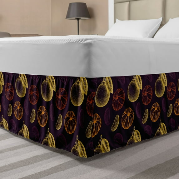 Hand Drawn Bed Skirt, Tangerine Fruits Slices and Leaves Pattern in Colorful Sketchy Style, Elastic Bedskirt Dust Ruffle Wrap Around for Bedding Decor, 4 Sizes, Purple Mustard Orange, by Ambesonne
