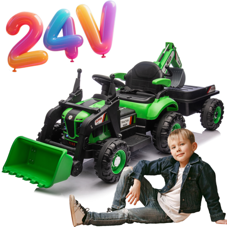 24V Ride on Tractor for Kids, 4 in 1 Excavator & Bulldozer, Electric Vehicle w/Trailer, Digger, Shovel Bucket, Remote Control, EVA Tires, LED Lights, Music & USB, Green