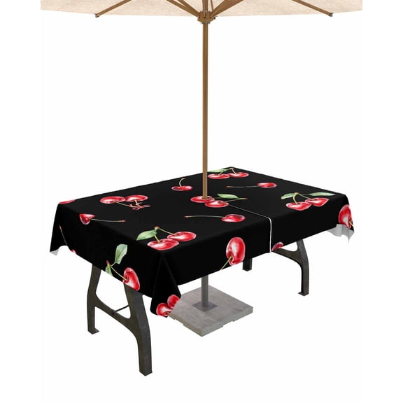 Outdoor Tablecloth with Umbrella Hole for Patio/Picnic/Party/Camping, Cherry Rustic Waterproof Table Cloth Rectangle Table Cover Washable, Spring Summer Tropic Fruit Black 52"x 70"