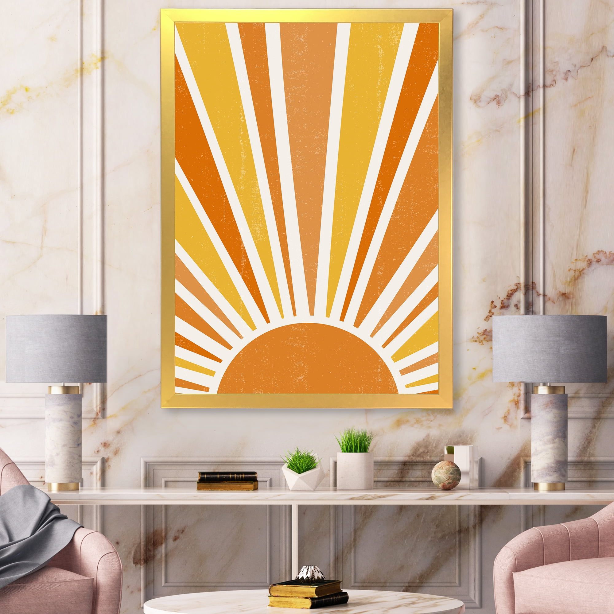 Designart 'Minimal Bright Shining Orange Sun Rays II' Modern Framed Art Print