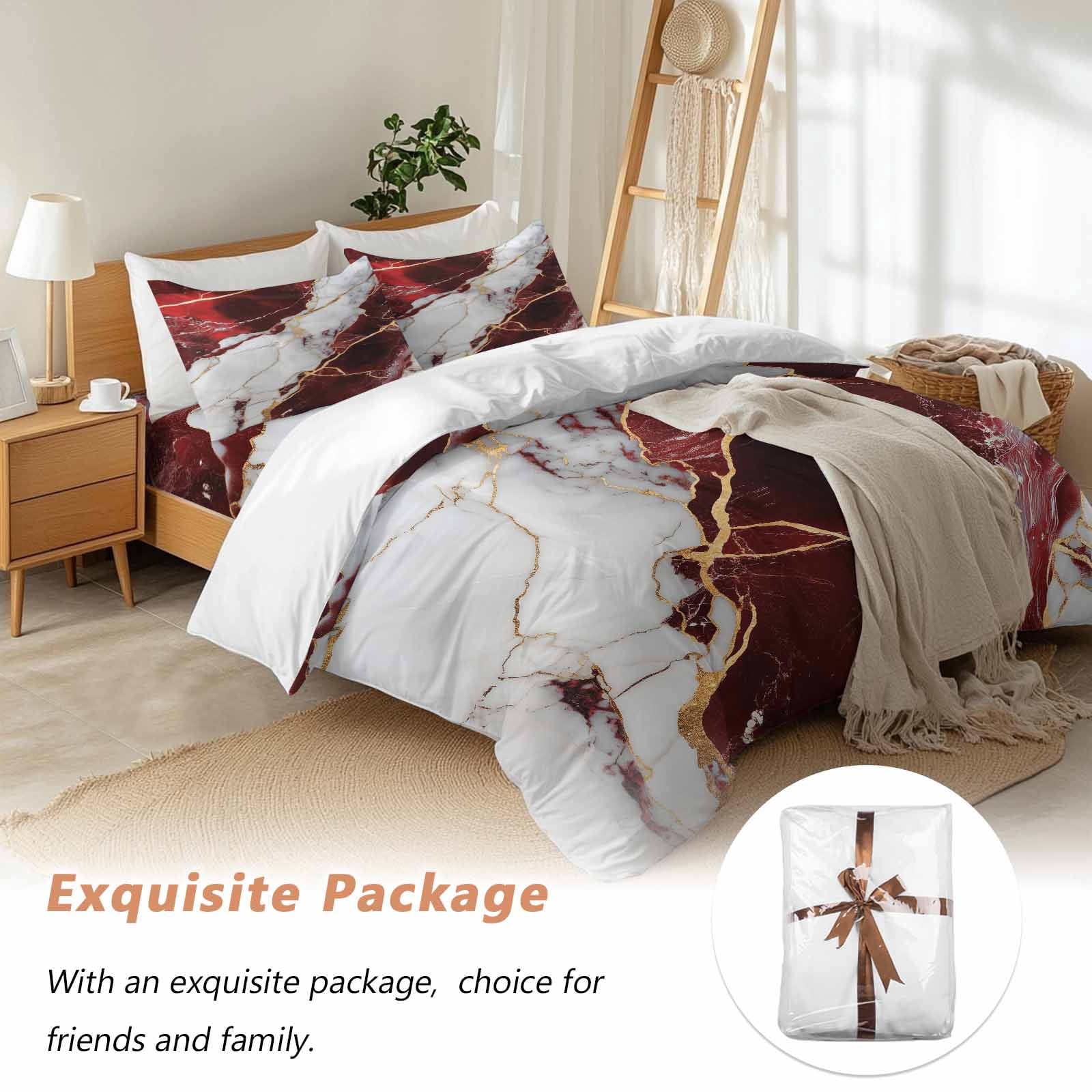 Queen 4 Piece Bedding Set Burgundy Red White Marble Soft Breathable Duvet Cover and Pillowcase, Modern Abstract Stone Crack Texture Duvet Cover Set Bed Sheets for Bedroom Dormitory Guest Room