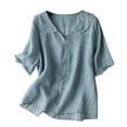 thumbnail image 3 of Women's Summer Short Sleeve Turndown Collar Tank Top Tops Blouses Solid Color Casual Daily Wear Vacation Beach Outfits Fashion Essential Gift for Ladies | Sopatenor,Blue XL, 3 of 8