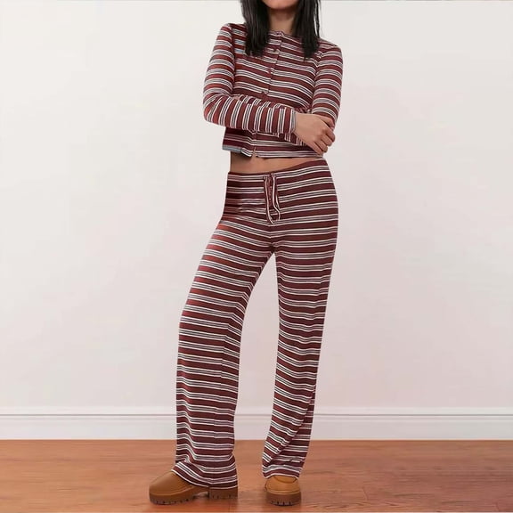 Gamivast Two Piece Outfits for Women Striped Long Sleeve Button Cardigan & Wide Leg Pants Lounge Sets Ribbed Knit Streetwear Casual Tracksuits Fall Clothing