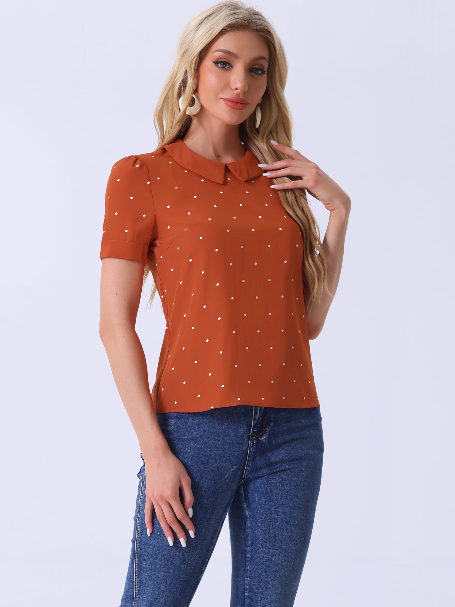 DARING DIVA Women's Peter Pan Collar Polka Dots Short Sleeve Tops L Orange