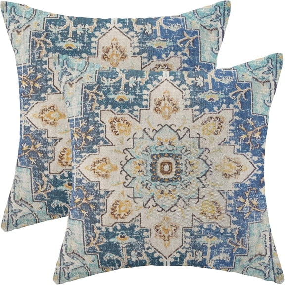 Boho Pillow Covers Set of 2 18x18 Inch Blue Yellow Carpet Pattern Decorative Throw Pillows with Linen Ethnic Design for Farmhouse Sofa Couch Outdoor Decor Add Global Charm to Your Space