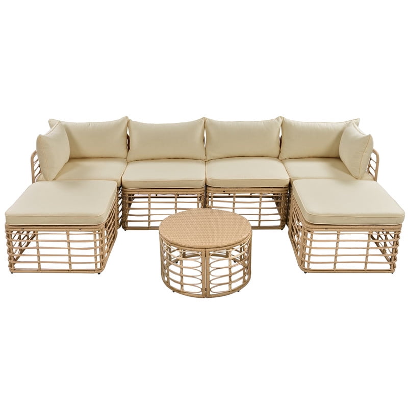 7-Piece Outdoor Sectional Sofa with Coffee Table and 2 Ottomans, Patio Furniture Set with Thick Cushions and Pillows, Outdoor Conversation Set for Garden Backyard