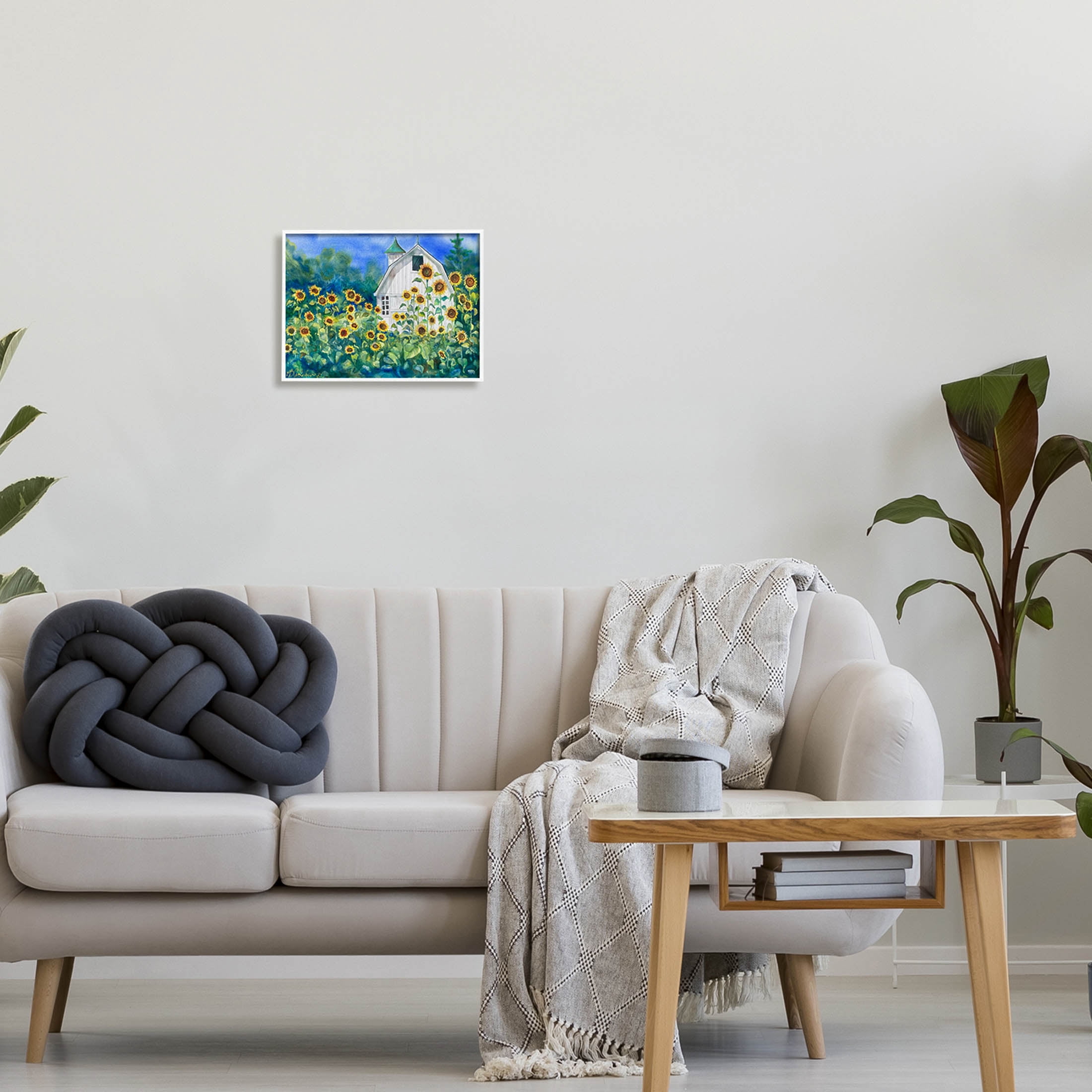 Tall Sunflowers Country Barn Landscape Painting White Framed Art Print Wall Art
