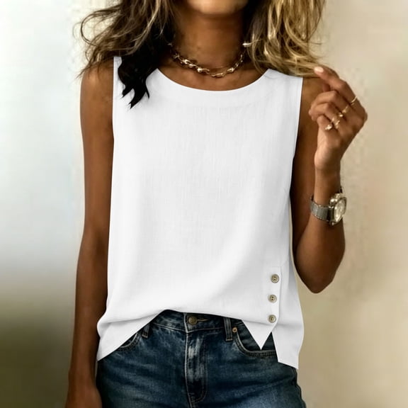 Yrmaups Loose Fit Sleeveless Tank Top for Women, Casual Round Neck Blouse, Soft Stretch Basic Tee for Travel Office Home Daily Wear, White 2XL