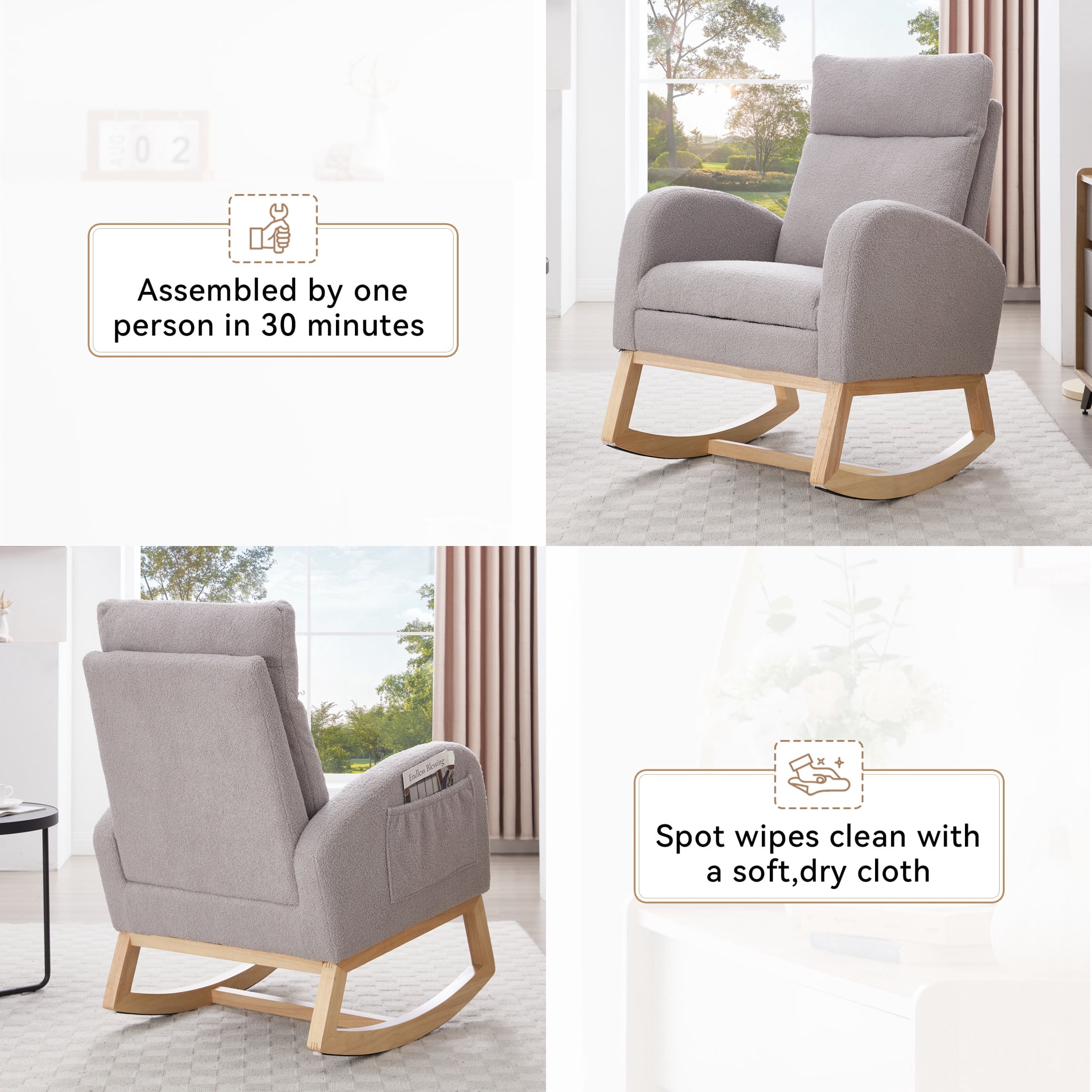 Noble House Arlais Teddy Nursery Rocking Chair with Adjustable Footrest, Comfortable Accent Glider Daybed, Light Gray