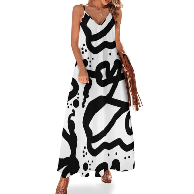 Vestido sin mangas con diseño de líneas abstractas en blanco y negro, vestido de hada, vestido de cumpleaños para mujer, vestidos largos para mujer