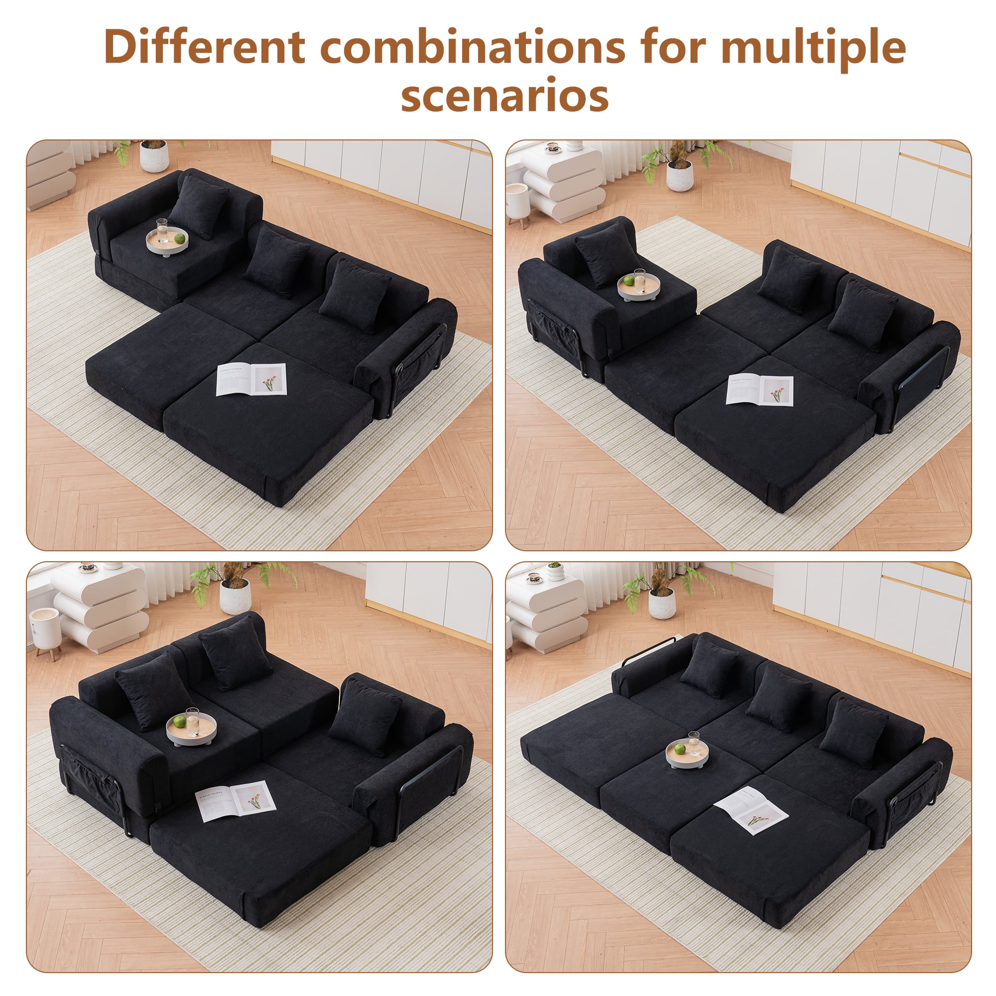 GNIXUU 98.81" Modern Modular Recliner Sofa, Convertible Sleeper Bed,Folding Mattress 3 Seater Couch with Fixed-Shape Frame ,Comfy Lazy Boneless Couches for Living Room Bedroom Lounge,Black