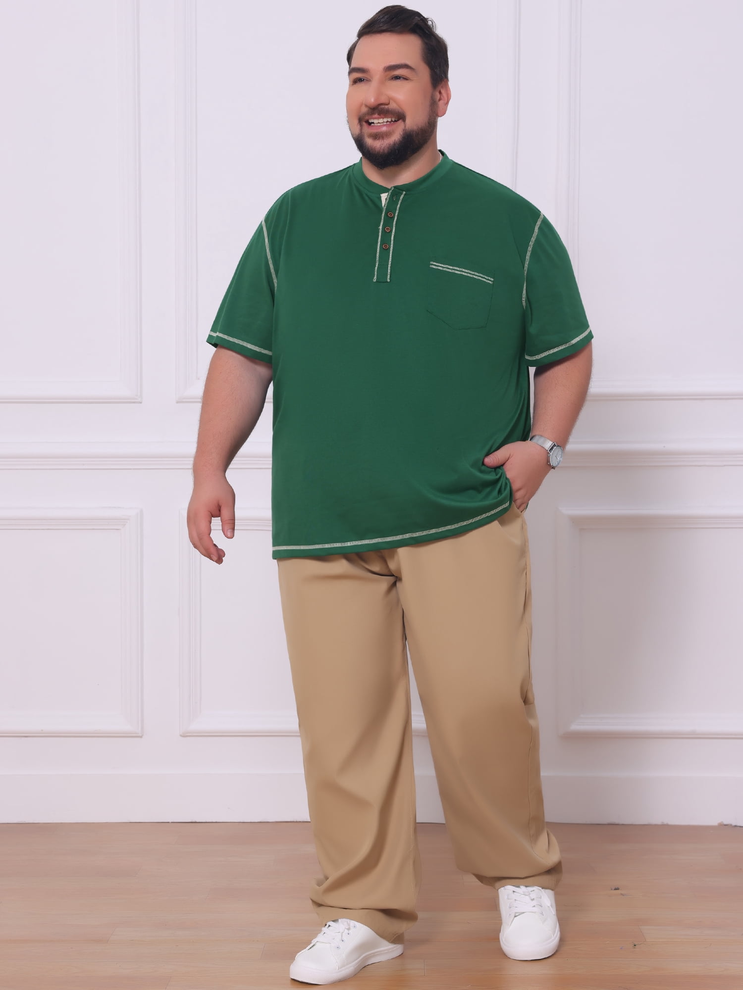 DARING DIVA Men's Big Tall Contrast Trim Button Down Short Sleeve Shirts 3XL Green