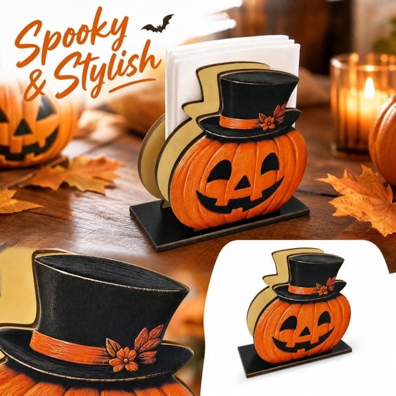 Halloween Napkin Holder with Wooden Pumpkin Design and Black Top Hat, Festive Dining Table Decor for Seasonal Party Centerpiece, Cute Fall Table Decoration for Holiday Gift 1
