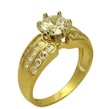 - 2.00 Ct 14K Real Yellow Gold Round Cut with Princess & Round Channel Set Side Stones 3 Lines Rows 6 Prong Cathedral Setting Solitaire Engagement Wedding Propose Promise Ring