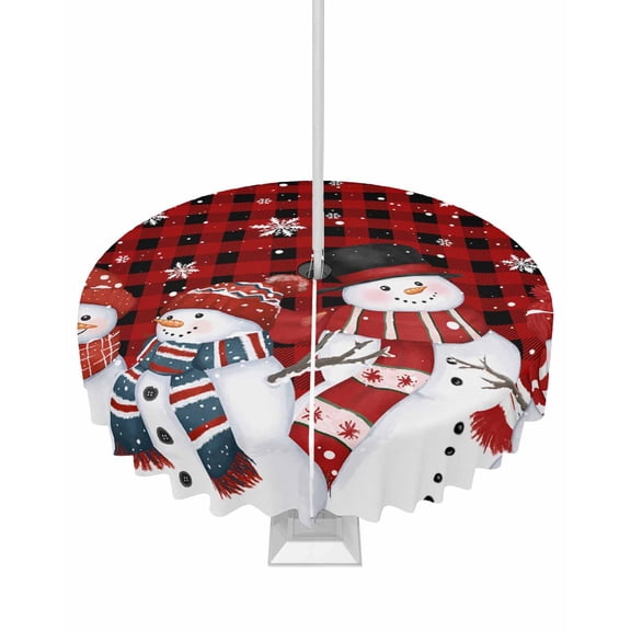 Fsddascl Red Plaid Christmas Snowman Outdoor Tablecloth - 60 Inch Round Dining Table Cover, Snowflake Winter Waterproof Outdoor Table Cloth with Umbrella Hole & Zipper for Picnic/Patio/Party