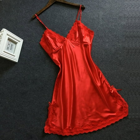 

YANXIAO Women Satin Bowknot Lace Lingerie Babydoll V-neck Sleepdress Underwear Red 2023 M - Suprised Set