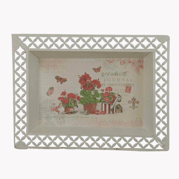 Painted Metal Geranium and Butterfly Tray - For Home Decor and Organizing