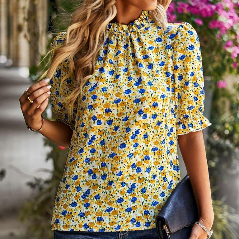 Zqgjb High Neck Summer T-shirts for Women Casual Floral Printed Petal Short Sleeve Tunic Tee Shirt Loose Fit Leisure Tshirt Tops Clearance Yellow M