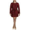thumbnail image 2 of CITY STUDIO Womens Burgundy Belted Pleated Bell Sleeve Jewel Neck Short Party Fit + Flare Dress Juniors L, 2 of 2