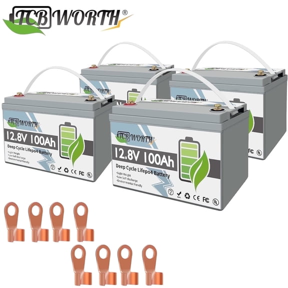 4PACK 12V 100Ah LiFePO4 Lithium Battery,TCBWORTH Group 31 Battery for RV,Trolling Motor,Solar,Marin,Built in 100A BMS,15000 Deep Cycle