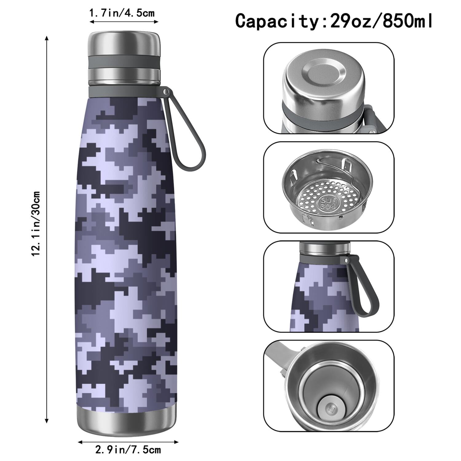 29oz Insulated Water Bottle with Tea Infuser, Stainless Steel Travel Mug, Camouflage Print
