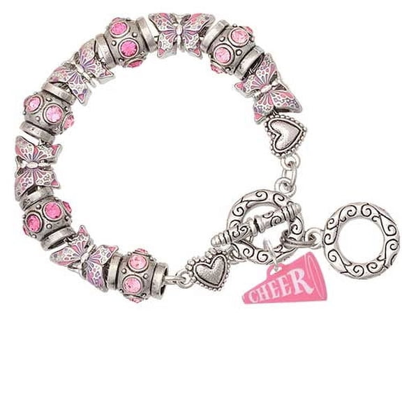 Acrylic 3/4" Pink Cheer Megaphone Pink Butterfly Bead Charm Bracelet