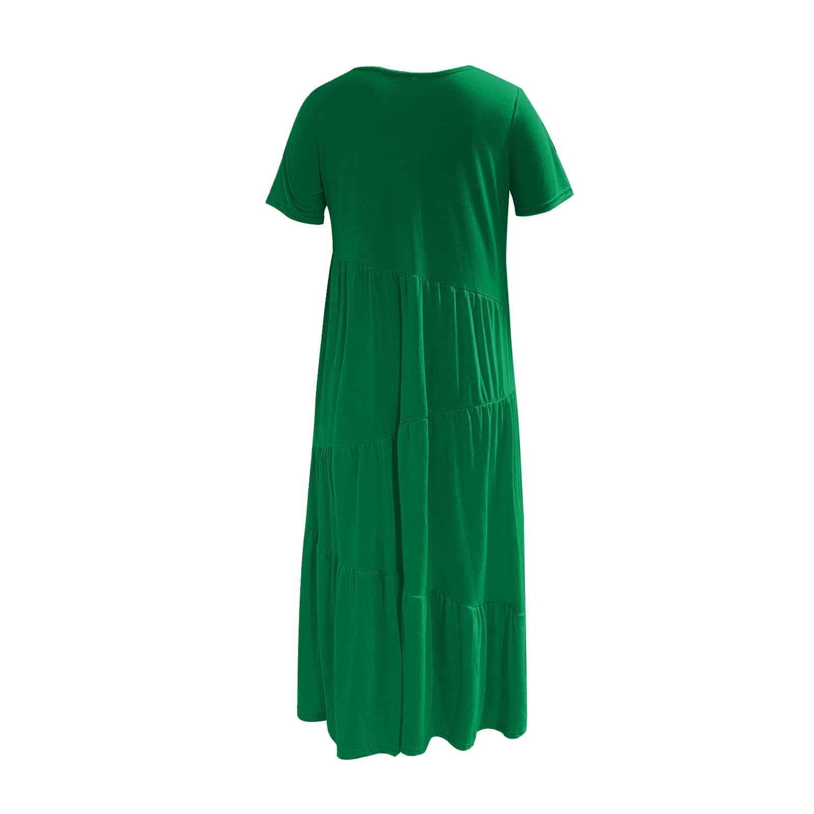 Women's Short/Long Sleeve Loose Plain Maxi Dresses Crewneck Casual Tiered Flowy Pleated Swing Beach Long Dresses